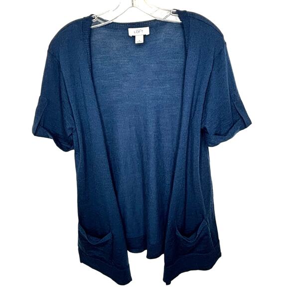 Loft Wms Small Blue Wool Blend Lightweight Open Front SS Cardigan Office Casual - Picture 1 of 7